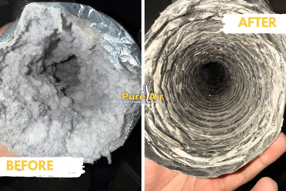 Before and after dryer vent cleaning: flexible duct clogged with lint, then clean