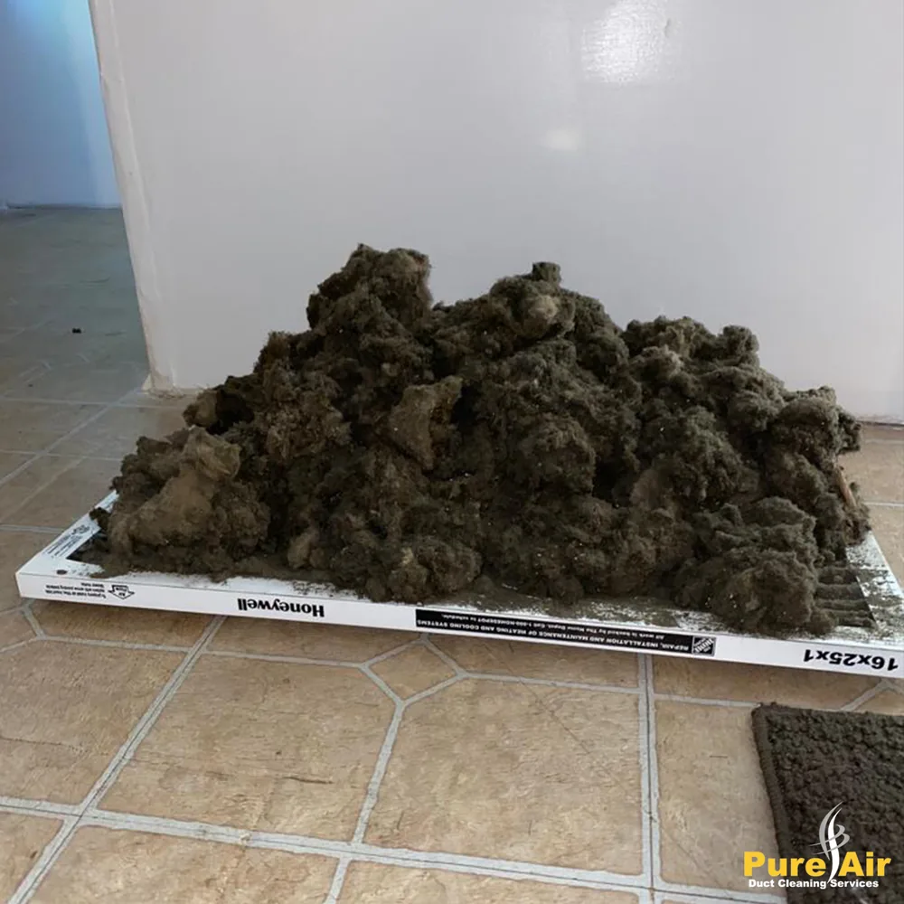 Large pile of lint and debris removed from a commercial dryer vent