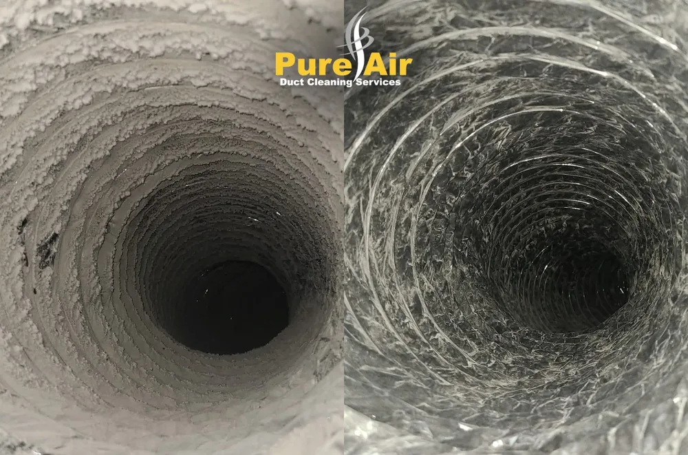 Before and after cleaning of a flexible air duct coated in dust