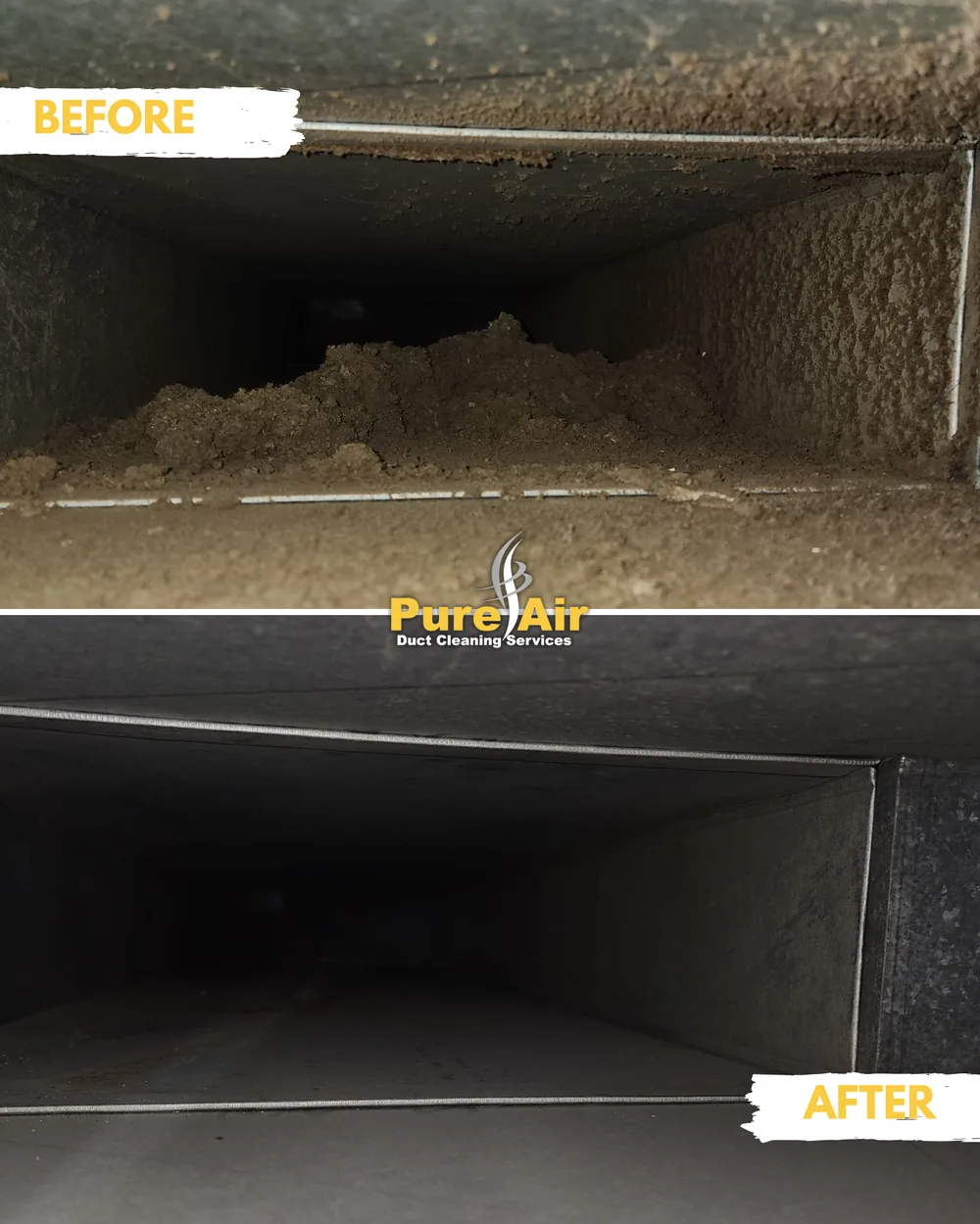 Before and after air duct cleaning: debris-filled duct, then clean