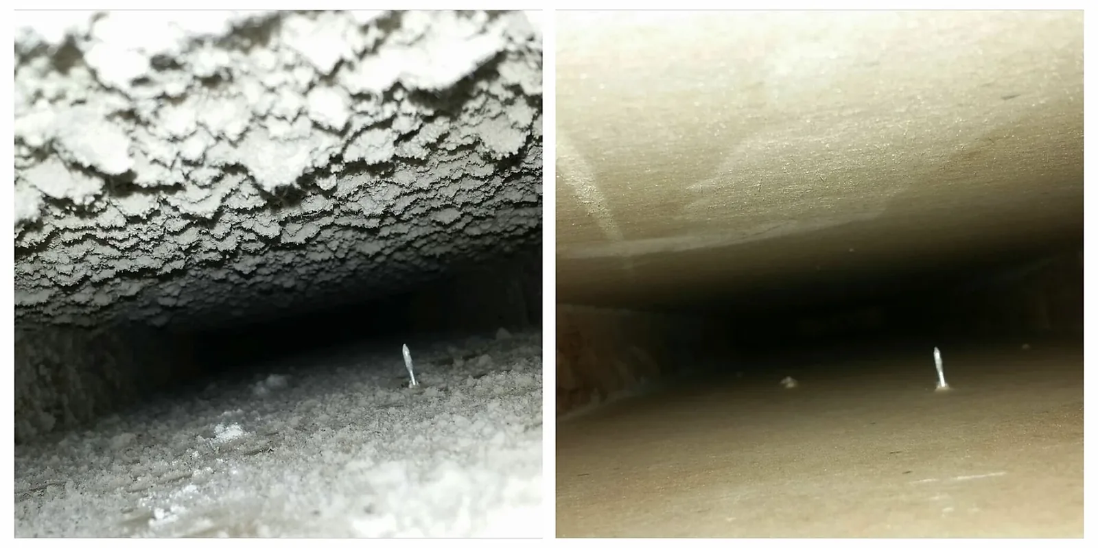 Before and after cleaning of a dust-caked air duct