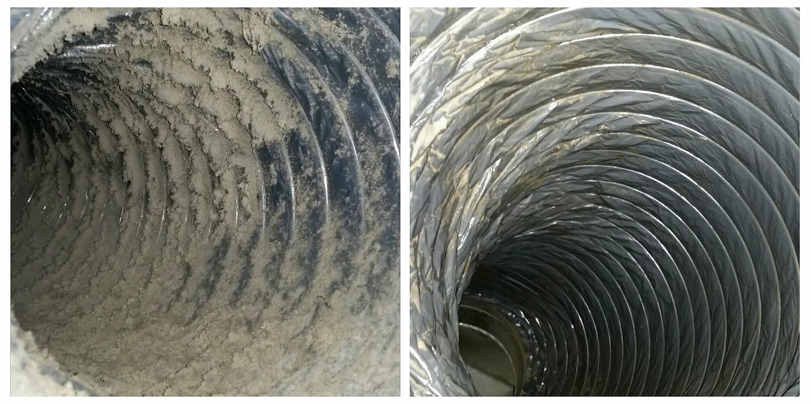 Before and after cleaning of a flexible air duct coated in dust