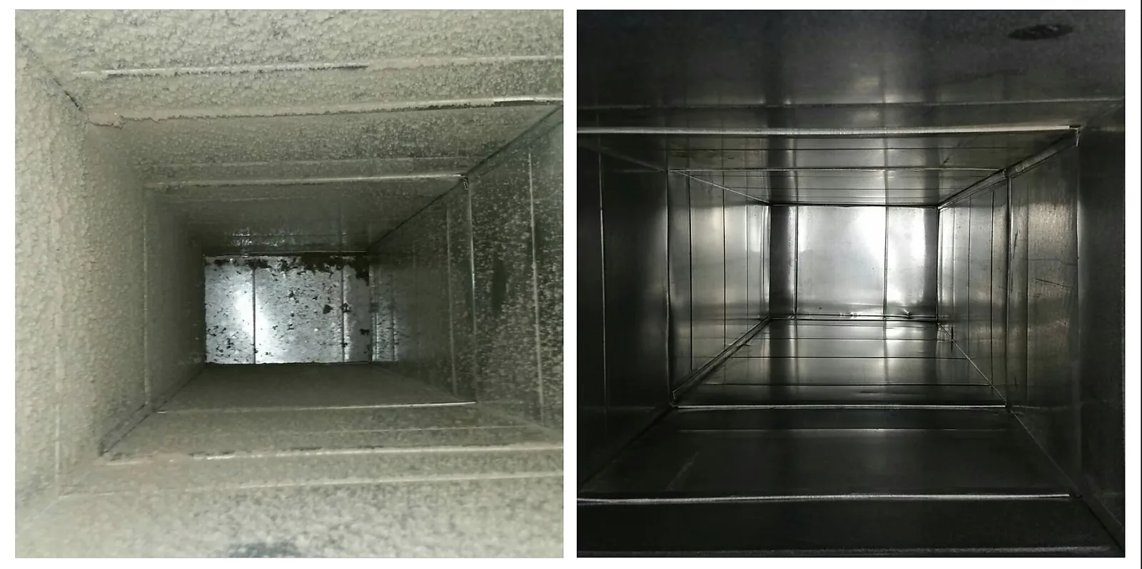 Before and after cleaning of a dusty sheet metal duct