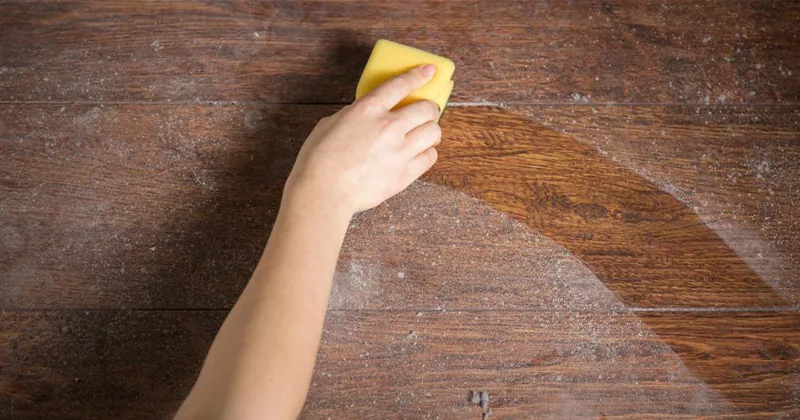 Hand wiping a thick layer of dust off a wood surface