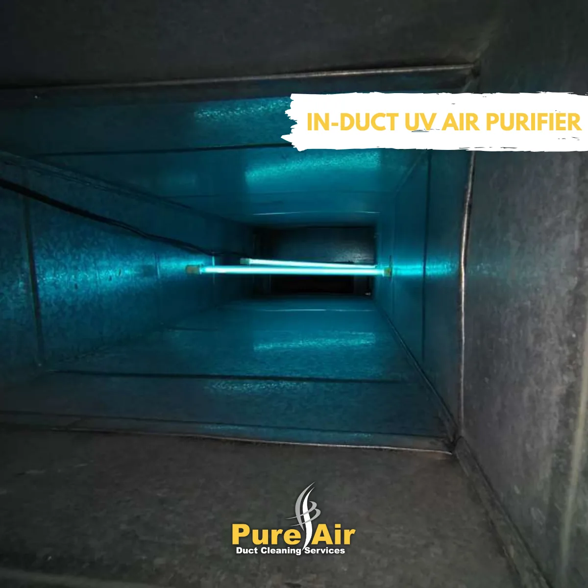 In-duct UV air purifier glowing inside an HVAC duct